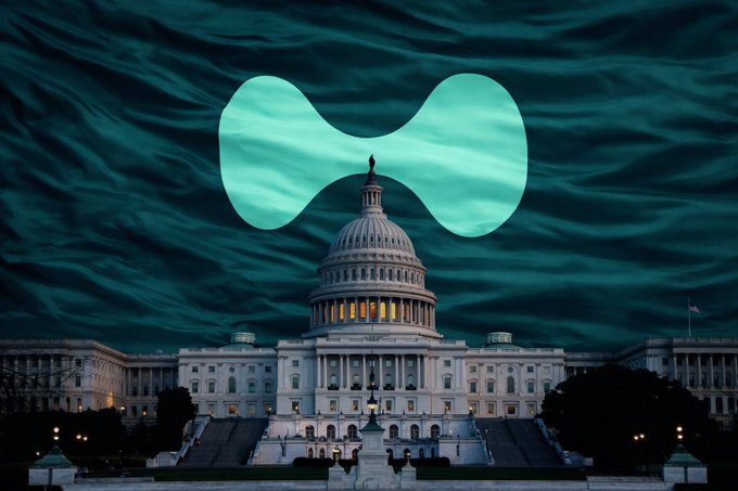 A dramatic image of the US Capitol building at dusk with a large, stylized Sui (blockchain) logo overlaid in teal against a dark, swirling sky.