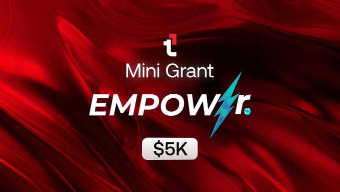 Promotional banner with a red silk background announcing a 'Mini Grant EMPOW3r $5K' featuring a lightning bolt logo design.