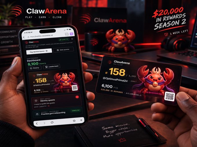 An advertisement for 'ClawArena' gaming platform showing hands holding a phone displaying the app and a digital card with the number 158, promoting '$20,000 IN REWARDS SEASON 2' with '1 WEEK LEFT'.