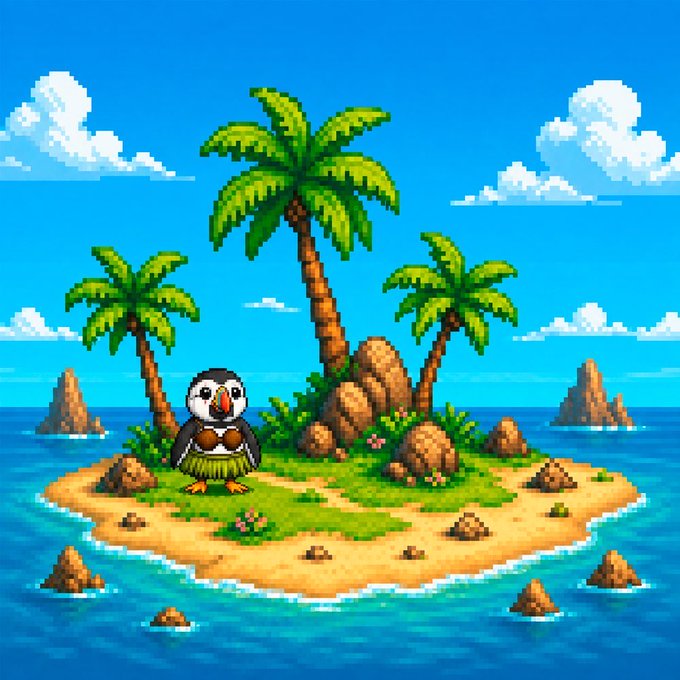 Pixel art illustration of a tropical island with a penguin in a hula skirt and coconut bra, palm trees, rocks, and a blue ocean under a clouded sky.