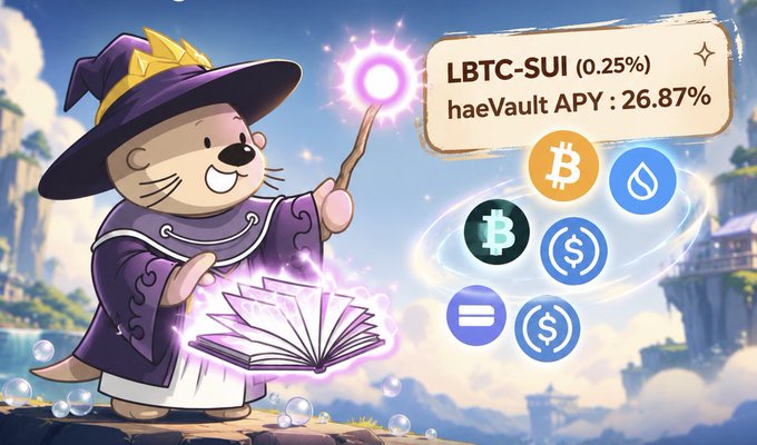 A promotional graphic featuring a cartoon otter wizard casting a spell, advertising 'LBTC-SUI' with a 'haeVault APY: 26.87%' alongside cryptocurrency icons.