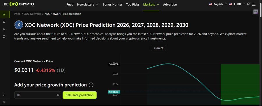 The main focus of this image is a screenshot of the XDC network's price prediction software. The software shows that there are two prices for the XDC Network, which might be worth considering for investment purposes. Additionally, the user has been provided with some useful information such as the current RWA adoption and the expected growth in years ahead. This post appears to offer further insights into the cryptocurrency market or provide advice on what is next for @XDCNetwork regarding price analysis and potential investing opportunities.