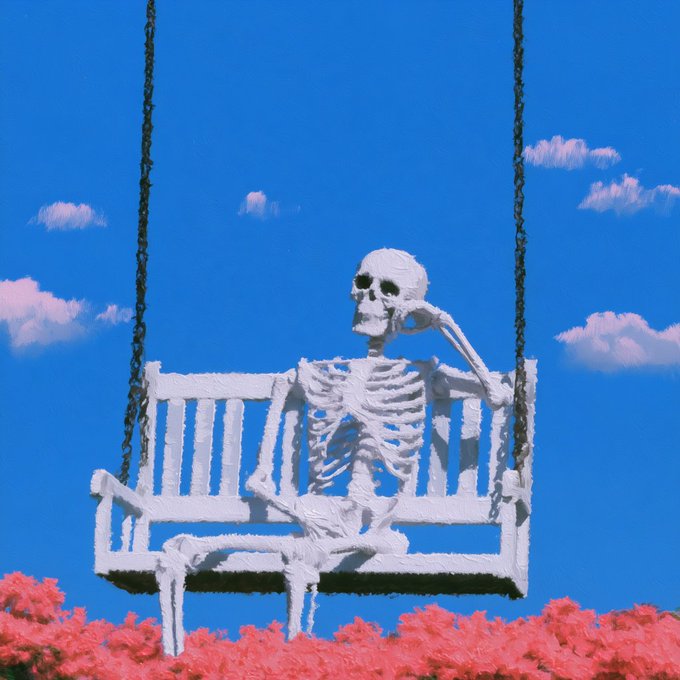 A stylized painting of a white skeleton sitting on a white swing bench against a bright blue sky, with vibrant pink foliage at the bottom.