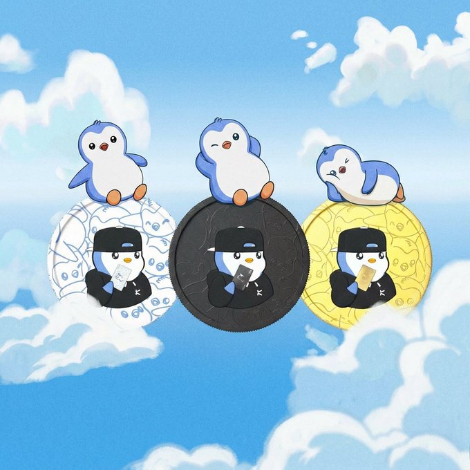 The image features a cartoon penguin sitting atop three other penguins. The penguins are depicted in various colors - blue, black, and yellow. They appear to be enjoying their time together as they sit on top of a circular object that is part of an advertisement or promotional material for a product.