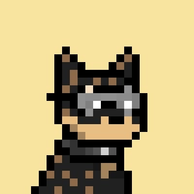 A pixel art rendering of a Doberman dog wearing goggles is depicted against a beige background, fitting the "bear market starter pack" theme by representing the "get a doginal dog" concept in a retro video game style.