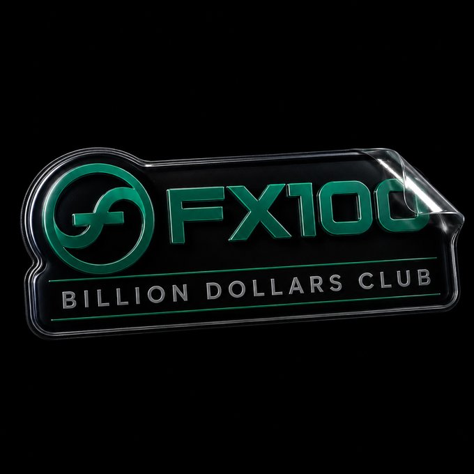 A 3D-rendered glossy black and green badge logo featuring a stylized 'G' symbol and the text 'FX100 BILLION DOLLARS CLUB.'