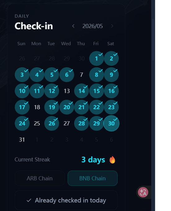 The image shows a calendar app with a check-in feature, displaying the days of the week for which the user has already checked in. The days are marked with blue circles, indicating that they have been checked in. The app also provides information about the current streak and the number of days left to complete it.