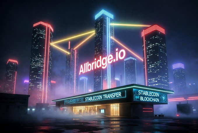 A futuristic cyberpunk cityscape features glowing skyscrapers connected by neon laser-like beams, with a prominent building displaying "Allbridge.io" in large illuminated text and signage reading "STABLECOIN TRANSFER" and "STABLECOIN BLOCKCHAIN," visually echoing the post's emphasis on Allbridge's seamless native stablecoin transfers and multi-chain infrastructure upgrades.