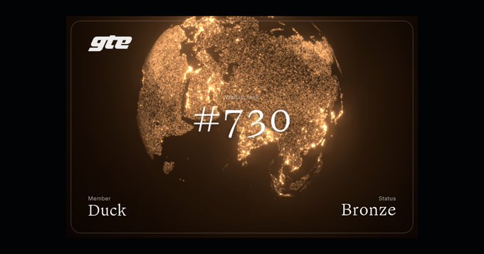 A digital membership card with a glowing orange globe design features the text "gts", "#730", "Member Duck", and "Status Bronze".