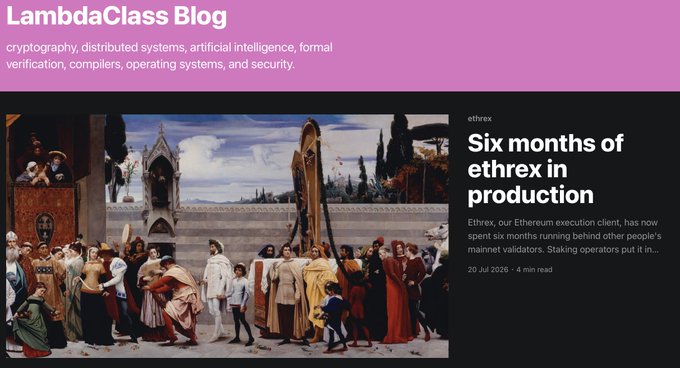 The LambdaClass Blog header, covering topics like cryptography and AI, featuring a post titled 'Six months of ethrex in production' from Jul 20, 2026, accompanied by a classical painting illustration.