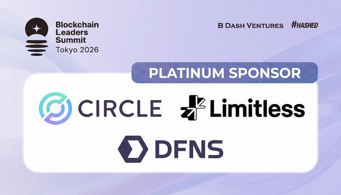 Promotional graphic for the Blockchain Leaders Summit Tokyo 2026, announcing Circle, Limitless, and DFNS as Platinum Sponsors, with branding from B DASH VENTURES and #HASHED displayed in the top right corner.