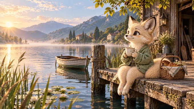 A digital illustration of a fox wearing a green sweater, sitting on a wooden dock and holding a teacup, with a serene lake, mountains, and a small boat in the background.