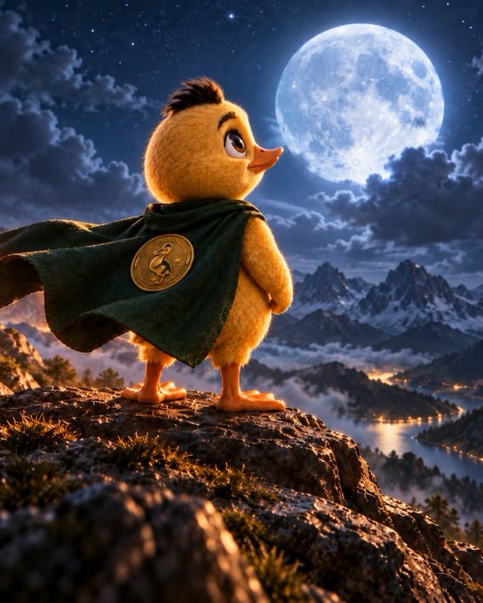 A CGI rendering shows an adorable fluffy duckling wearing a green cape with a golden medallion, standing heroically on a rocky cliff with a moonlit mountain landscape behind it.