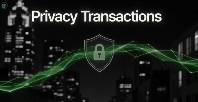 A graphic displays the text 'Privacy Transactions' over a stylized green lock and cityscape background.