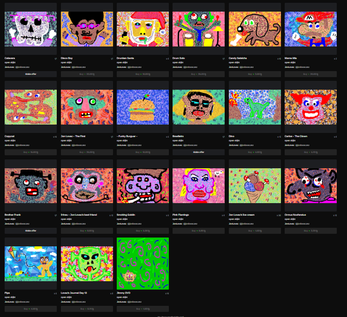 A grid displays 20 colorful digital art NFTs from the "Happy Happy Joy Joy Collection" on the objkt.com curation page, with each piece showing "open edition" and a price of 4 tez, featuring cartoon characters with names like Cubicorn, Disco Boy, Brazilian Santa, Drum Solo, and Candy Saladshe (4/6 minted).