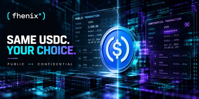 A promotional banner for Fhenix featuring the text 'SAME USDC. YOUR CHOICE.' showing USDC transaction details for both public and confidential transactions with a large blue coin icon.