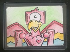 A child's hand-drawn picture on paper showing a pink bird character with a yellow beak standing between pink curtains.