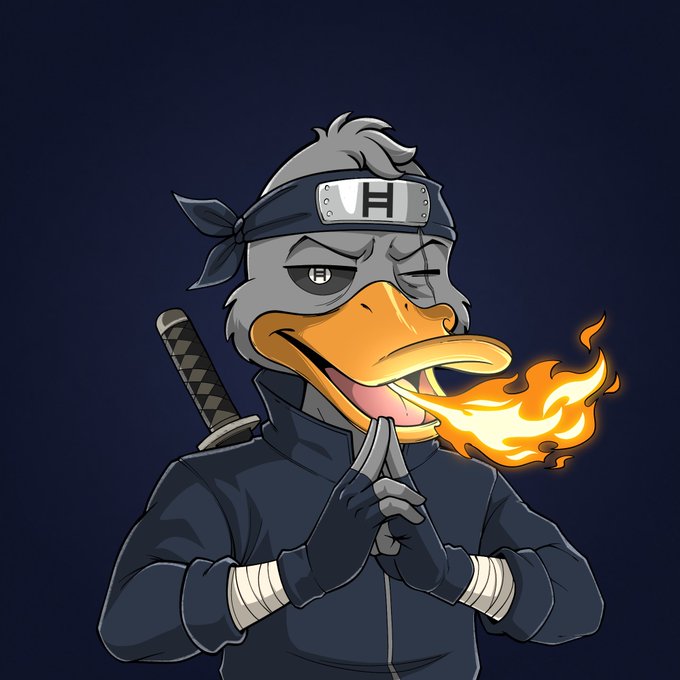An anthropomorphic duck dressed as a Naruto-style ninja breathes fire while making a hand seal, wearing a headband with an 'R' symbol and carrying a katana.