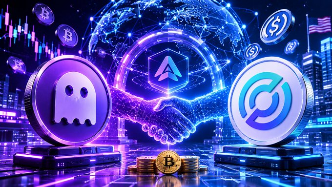 The image features two coins with different designs - one shaped like a ghost and another resembling a handshake. The ghost coin has a dollar sign, while the handshake coin displays a handshake symbol. These coins are placed on platforms within an animated scene that showcases a cityscape filled with buildings and other coins floating in the air. The text at the bottom of the image reads "Aave Announces V4 Launch on Circle's Arc Blockchain Aave is preparing to launch its next-generation protocol, Aave V4", indicating that the coins are part of an upcoming blockchain project called Circle's Arc.