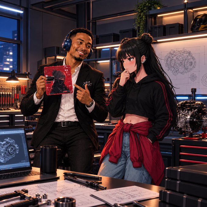 A digital artwork showing a man in a suit and headphones holding a red character card, standing next to an anime-style woman in a black and red hoodie in what appears to be an engineering workshop.