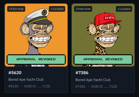 Two Bored Ape Yacht Club NFTs (#5620 and #7386) marked as 'claimed' and 'APPROVAL REVOKED' on the Ethereum network.