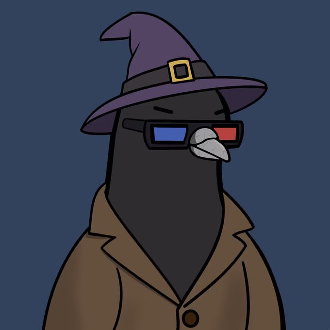 A cartoon penguin-like character wearing a purple witch hat and 3D glasses (one blue, one red lens), dressed in a brown trench coat, set against a dark blue background.