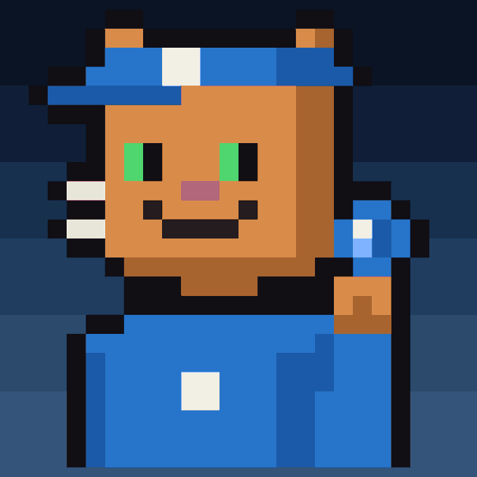 A pixel art character with an orange cat-like face, green eyes, pink nose, and blue cap and jacket is shown against a dark blue background. The image ties to the post teasing the first Cat NFT launch on ARC, with the feline-themed avatar serving as the mascot for the upcoming drop.