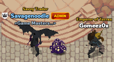 A pixelated screenshot shows two in-game characters, "SavvyTrader" (admin "Savagenoodle" of <Game Masters>) and "Emperor of TerraX" ("Gomeez0x"), with a small purple pet companion between them, illustrating the newly launched pet feature.