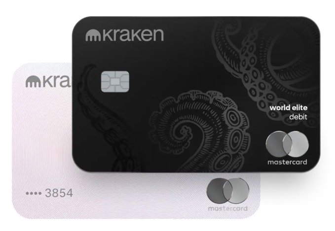 Two Kraken Mastercard debit cards are displayed, including a black 'world elite debit' card featuring tentacle designs and a white card showing the ending numbers '3854'.