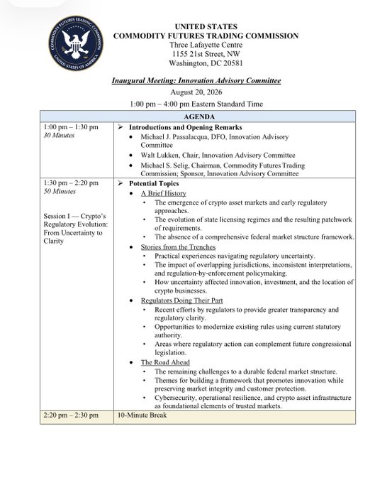An agenda document for the United States Commodity Futures Trading Commission inaugural meeting of the Innovation Advisory Committee on August 20, 2026, focusing on crypto regulation topics.