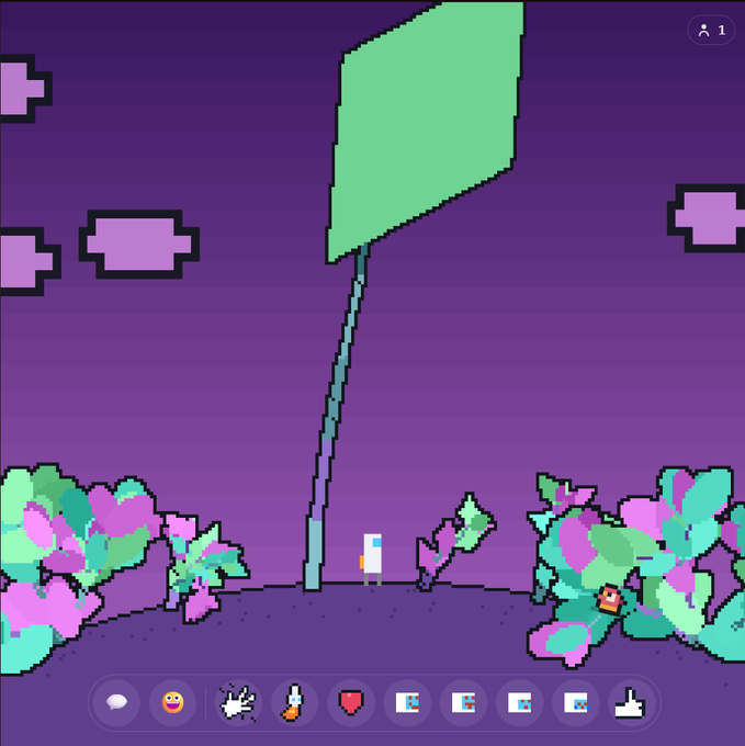 A pixel-art style digital image with a purple background showing a green kite floating above bushes, with a toolbar of emoji options at the bottom.