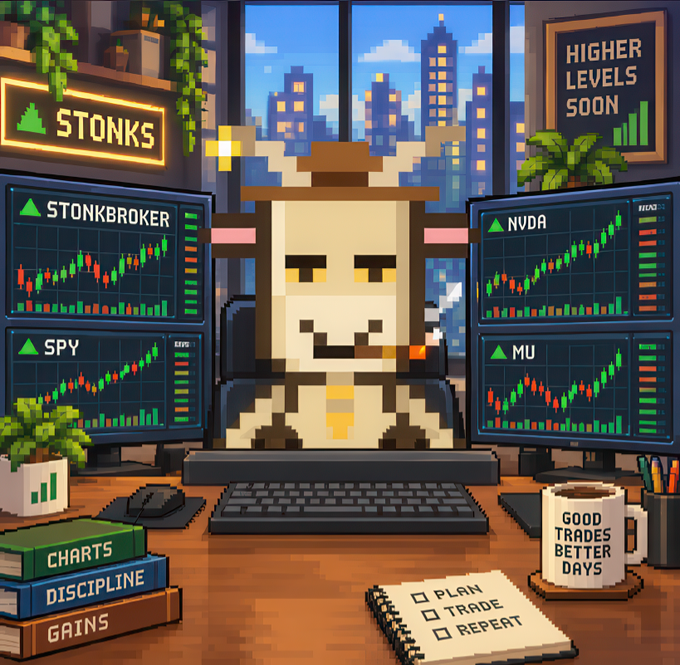 A pixel art trader wearing a cowboy hat sits at a desk with multiple monitors showing charts for STONKBROKER, SPY, NVDA, and MU, alongside signs reading "STONKS" and "HIGHER LEVELS SOON." The image visually represents the "Goat Strategy" announcement by Cashmere Labs, highlighting the liquidity pools being added for STONKBROKER, SPY, and MU, with a notebook checklist of "Plan, Trade, Repeat" and a mug reading "Good Trades Better Days" reinforcing the trading theme.