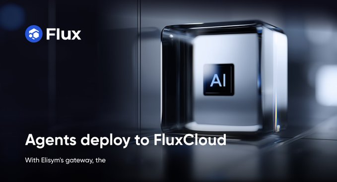 The image features a sleek glass cube emblazoned with an "AI" symbol, alongside the Flux logo and text reading "Agents deploy to FluxCloud — With Elisym's gateway," visually reinforcing the post's announcement that Elisym's new gateway now enables AI agents to autonomously deploy applications on FluxCloud via USDC payments on Solana, eliminating the need for human handoff.