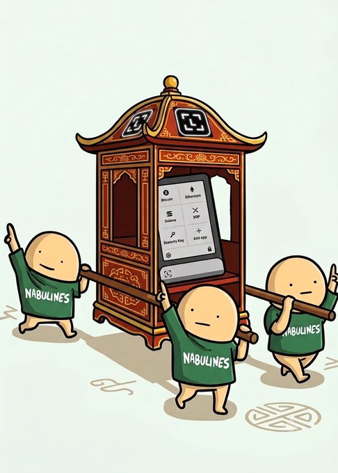 A cartoon illustration of three round characters wearing green 'NABULINES' shirts carrying a sedan chair that holds a Ledger hardware wallet displaying its app menu (Bitcoin, Ethereum, Solana, XRP, Security Key, Add apps).