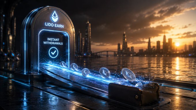 A futuristic cityscape at sunset featuring a glowing blue portal labeled 'LIDO EARN' and 'INSTANT WITHDRAWALS' with cryptocurrency coins moving along a track.
