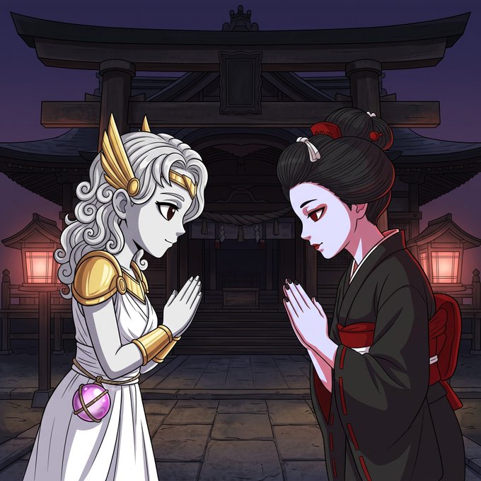 An anime-style illustration of two pale women in prayer-like poses facing each other in front of a Japanese shrine at dusk; one wears a white toga with gold armor and wings, while the other wears a black kimono with a red obi.