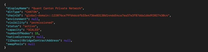 The image shows a JSON configuration snippet for the "Quant Canton Private Network," a permissioned blockchain network running the Canton DLT with 15 active nodes. It relates to the post by highlighting Quant Network's ($QNT) real-world adoption through a permissioned Canton network, reinforcing the claim that $QNT is a foundational bet on the broader crypto ecosystem.