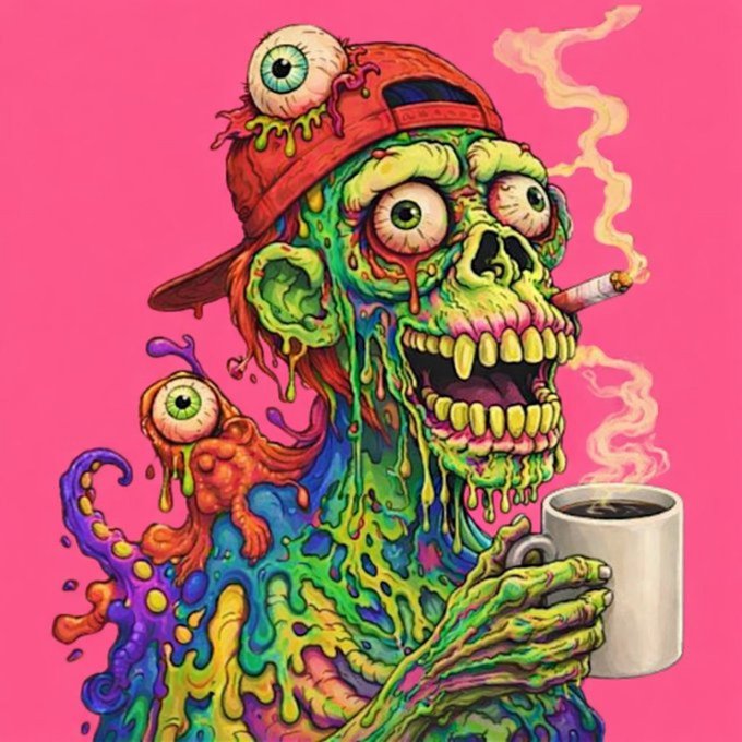 A colorful cartoon illustration of a melting, green zombie-like skull wearing a red cap and smoking a cigarette while holding a coffee mug.