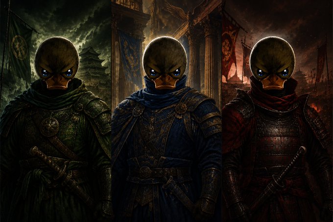 Three armored samurai warriors stand side by side, each wearing distinct colored armor—green, blue, and red—with glowing blue eyes and bird-like masks.