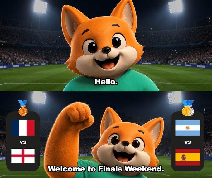 A festive fox welcomes viewers to Finals Weekend, showcasing upcoming matches between France vs. England and Argentina vs. Spain. The accompanying post, "Reply with emojis only. : / : /", invites a visual response to the sports theme.