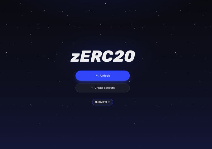 A dark, starry website landing page displays the logo “ZERC20,” with buttons labeled “Unlock,” “+ Create account,” and a small badge reading “zERC20 v1.”