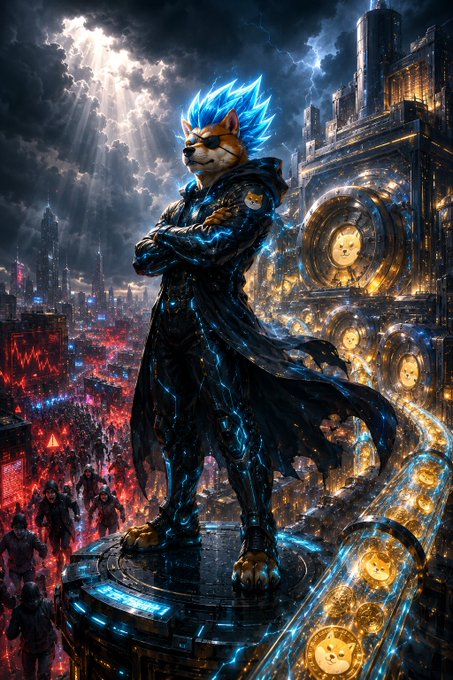 An anthropomorphic Shiba Inu superhero with glowing blue fur and a dark armored suit stands triumphantly atop a futuristic tower, overlooking a stormy cityscape with Shiba coin emblems illuminated below. The image visually represents the post's theme of strong, accumulating conviction in $SHIB despite retail fear, depicting the token as a powerful, resilient guardian rather than a meme on the decline.