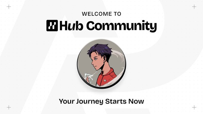 A welcome screen for 'Hub Community' featuring an anime-style character avatar with purple hair, with the text 'Your Journey Starts Now' below.