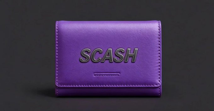 A purple leather wallet with "SCASH" displayed in metallic letters is shown against a dark background.