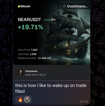 A trading post from Bilunix shows a user named Odysseus celebrating a +19.71% gain on the NEAR/USDT long 20x position, with an entry price of 1.623 and last price of 1.639. The "this is how I like to wake up on trade filled" caption reflects the excitement of waking up to a successful leveraged NEAR trade that printed gains, aligning with the post's celebratory tone about the NEAR long position hitting its target.