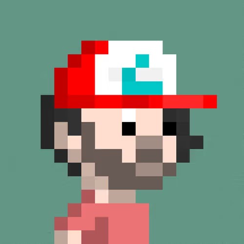 A pixel art image of a character wearing a red and white cap and a red shirt against a teal background.