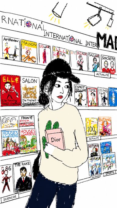 The image features a woman standing next to a bookshelf filled with magazines, holding a book in her hand. The scene takes place inside a store or a bookstore setting, as indicated by the presence of multiple bookshelves around her. The woman is wearing a hat and has a ponytail, giving off a casual yet stylish appearance. The image also includes text that reads "Mở app ra kiểm tra mà tim đây View ít một chút không sao". This suggests that the woman is browsing through various magazines and books, possibly looking for something interesting to read or purchase.