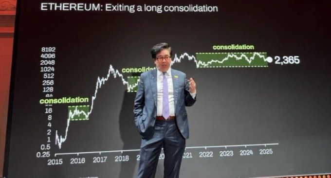 A man in a blue suit standing before a presentation slide titled 'ETHEREUM: Exiting a long consolidation' showing a price chart from 2015 to 2025 with consolidation periods marked, current value at 2,365.
