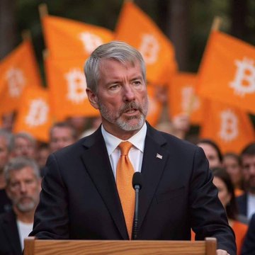 A man with gray hair and a beard, wearing a dark suit and orange tie, speaks at a podium with a backdrop of orange Bitcoin flags held by supporters, tying into the post about Michael Saylor's Strategy boosting its cash reserve and increasing the $STRC dividend yield to 12%.