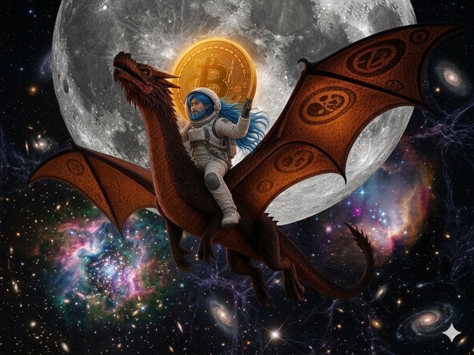 An astronaut rides a red dragon through a cosmic galaxy, holding a golden Bitcoin coin in front of a large moon. The image evokes the Bitcoin symbol as a guiding beacon, reinforcing the message that there's nothing to worry about with Bitcoin, as its value soars like a mythical creature through the stars.
